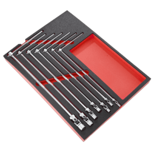 Facom 7 universal joint socket wrenches set 7 to 19 mm in foam tray for automotive and mechanical use.