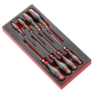 Set of Facom screwdrivers with foam module for secure storage and organisation, ideal for professional toolkits.