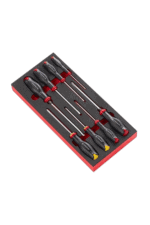 Set of precision screwdrivers with black and red handles in a foam-lined box, ideal for mechanics and electronics repair.