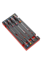 Set of precision screwdrivers with red and black handles in a foam-lined case, ideal for mechanics and electronics repair.