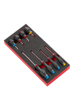Set of precision screwdrivers with black handles and coloured tips in a foam-lined red case for racewear maintenance.