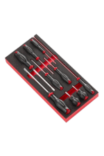 Set of precision screwdrivers with black and red handles in a foam-lined case, ideal for mechanics and electronics repair.