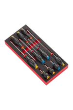 Set of precision screwdrivers with black handles and colour-coded tips in a red foam-lined case for professional use.