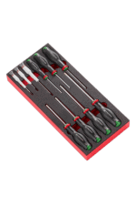 Set of precision screwdrivers with black and green handles in a red foam-lined case, ideal for mechanics and DIY enthusiasts.