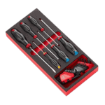 Set of five screwdrivers with black and red handles in a foam-lined box, including a ratchet screwdriver and bits, for professional tool use.