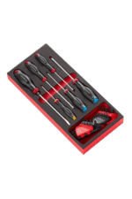Set of five screwdrivers with black and red handles in a foam-lined box, including a ratchet screwdriver and bits, for professional tool use.