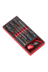 Set of five screwdrivers with black and red handles in a foam-lined box, including a ratchet screwdriver and bits, for professional tool use.