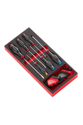Set of five screwdrivers with black and red handles in a foam-lined box, including a ratchet screwdriver and bits, for professional tool use.