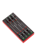 Set of precision screwdrivers with black handles and colour-coded tips in a foam-lined box for professional use.