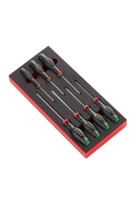 Set of precision screwdrivers with black handles and colour-coded tips in a foam-lined box for professional use.