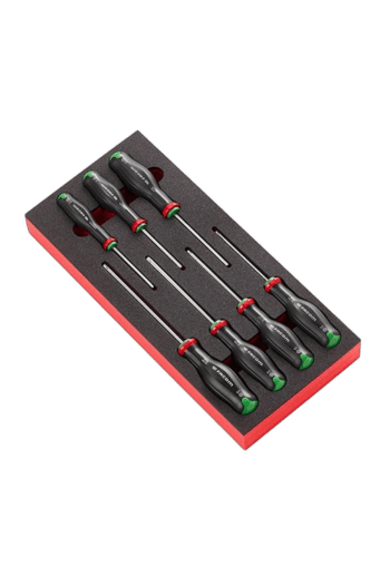 Set of precision screwdrivers with black handles and colour-coded tips in a foam-lined box for professional use.