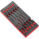 Set of precision drift punches with foam module for automotive and mechanical work, featuring ergonomic handles and durable steel tips.