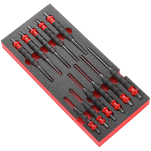 Set of precision drift punches with foam module for automotive and mechanical work, featuring ergonomic handles and durable steel tips.