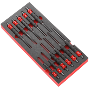 Set of precision drift punches with foam module for automotive and mechanical work, featuring ergonomic handles and durable steel tips.