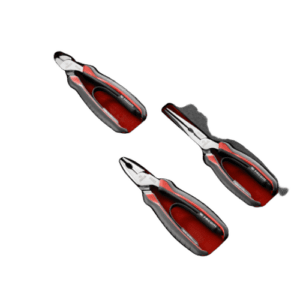 Set of three Facom foam handle pliers with red and black grips, including a wire cutter, slip joint, and needle nose pliers.
