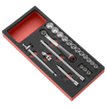 Facom 20-piece 3/8 metric 6-point socket foam module for automotive and mechanical use.