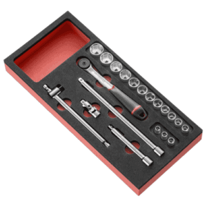 Facom 20-piece 3/8 metric 6-point socket foam module for automotive and mechanical use.