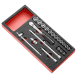 Facom 20-piece 3/8 metric 6-point socket set with foam module for easy storage and organisation.