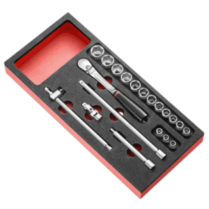 Facom 20-piece 3/8 metric 6-point socket set with foam module for easy storage and organisation.