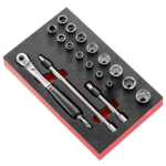 Set of Facom 3/8 sockets and ratchet tools on foam insert for automotive or mechanical use.