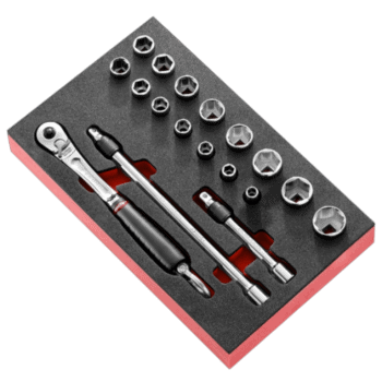 Set of Facom 3/8 sockets and ratchet tools on foam insert for automotive or mechanical use.