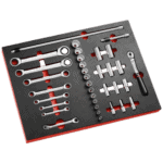 Set of inch sockets and ratchet tools in foam organiser for automotive repair and maintenance.