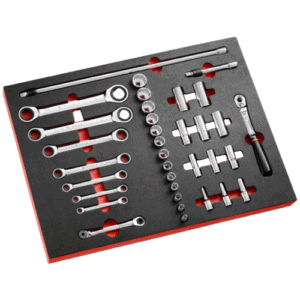 Set of inch sockets and ratchet tools in foam organiser for automotive repair and maintenance.