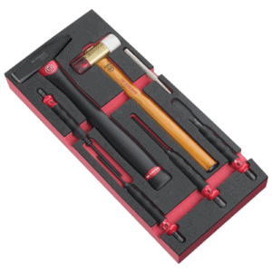 Facom impact tools set with long sheathed drift punches and foam module for precision work.