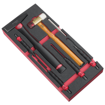 Facom impact tools set with long sheathed drift punches and foam module for precision work.