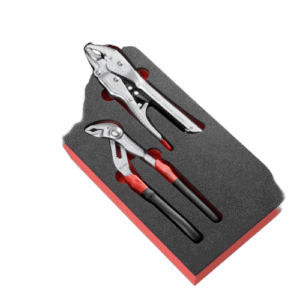 Facom 2-piece adjustable pliers set in foam tray, ideal for professional and DIY use, displayed on a black and red foam insert.