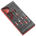 Facom 46-piece 1/4 metric 6-point socket set with screwdriver and accessories in foam organiser.