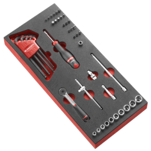 Facom 46-piece 1/4 metric 6-point socket set with screwdriver and accessories in foam organiser.