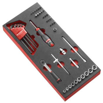 Facom 46-piece 1/4 metric 6-point socket set with screwdriver and accessories in foam organiser.