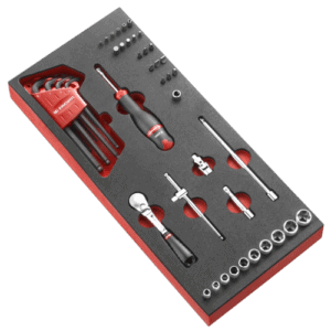 Facom 46-piece 1/4 metric 6-point socket set with foam organiser for easy storage and access.