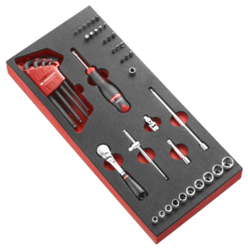 Facom 46-piece 1/4 metric 6-point socket set with foam organiser for easy storage and access.