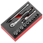 Set of Facom 1/4 sockets and ratchet wrench in foam insert for professional automotive or mechanical use.