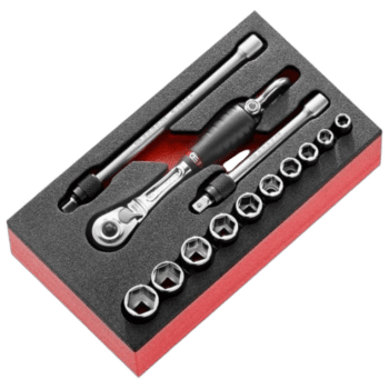Set of Facom 1/4 sockets and ratchet wrench in foam insert for professional automotive or mechanical use.