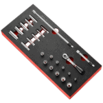 Facom 1/4 locking ratchet with inch-size sockets foam module for professional tool storage and organisation.