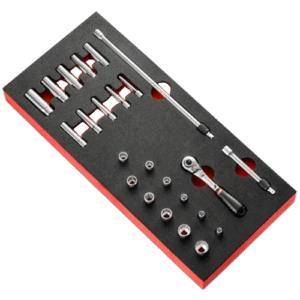 Facom 1/4 locking ratchet with inch-size sockets foam module for professional tool storage and organisation.