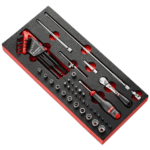 Facom 1/4 locking ratchet and inch-size sockets foam module for professional tool storage and organisation.