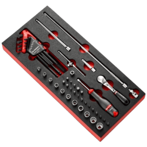 Facom 1/4 locking ratchet and inch-size sockets foam module for professional tool storage and organisation.