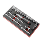 Set of 22 metric 1/2-inch drive sockets with foam organiser for easy storage and access, ideal for professional mechanics.