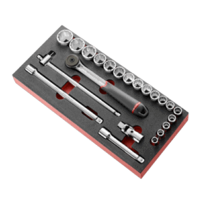 Set of 22 metric 1/2-inch drive sockets with foam organiser for easy storage and access, ideal for professional mechanics.
