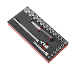 Facom 23-piece 1/2 inch metric 6-point socket set with ratchet and extension in foam storage case.