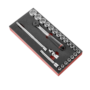 Facom 23-piece 1/2 inch metric 6-point socket set with ratchet and extension in foam storage case.