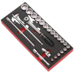 Set of Facom 1/2 inch drive sockets and accessories in foam storage case for professional mechanics.