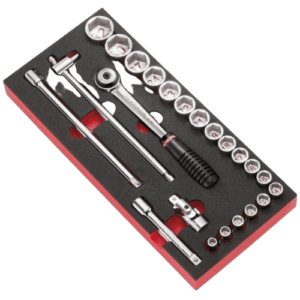 Set of Facom 1/2 inch drive sockets and accessories in foam storage case for professional mechanics.
