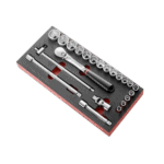 Set of Facom 1/2 inch 12-point sockets and ratchet tools in foam storage case for professional mechanics.