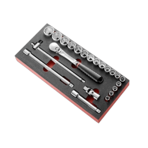 Set of Facom 1/2 inch 12-point sockets and ratchet tools in foam storage case for professional mechanics.