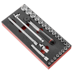 Set of 23 metric 1/2-inch 6-point sockets and ratchet tools in a foam organiser for professional use.